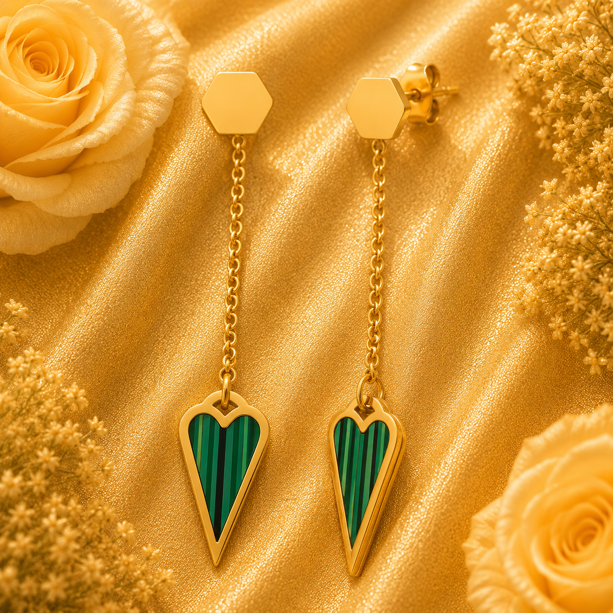 18K Gold Green Heart Drop Earrings - Gallery 5