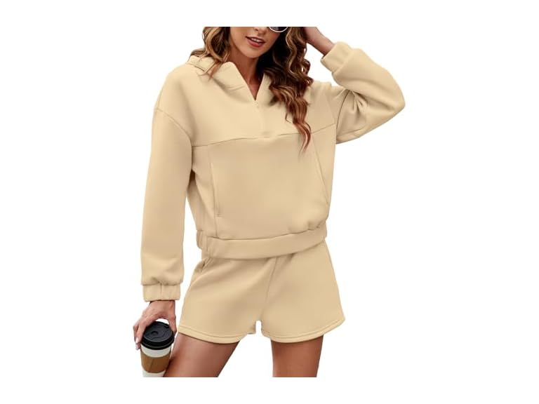 FKEEP Womens 2 Piece Sweatsuit Outfits Half Zip Hoodie Sweat with Shorts Pockets Lounge Winter Tracksuit Wear Matching Set