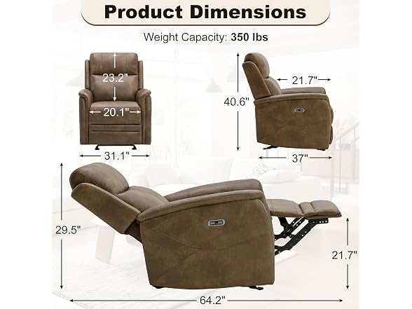 Faux Leather Recliner Chair, USB, Brown