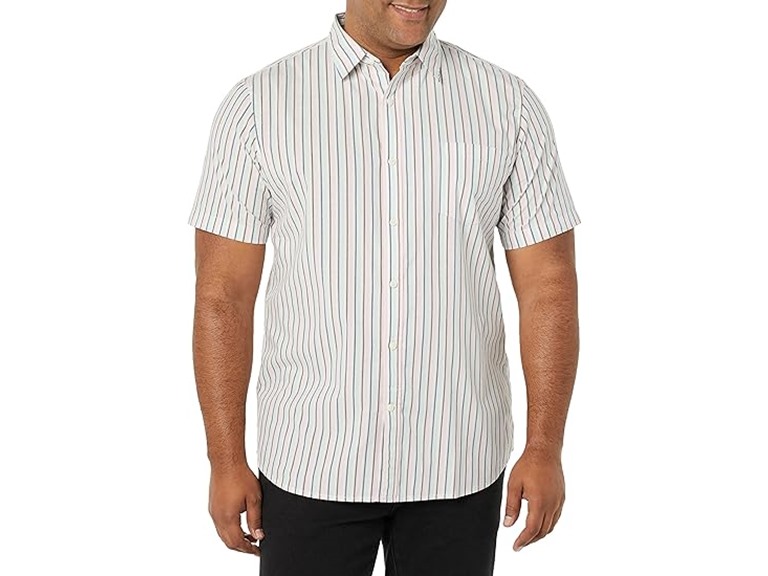 Amazon Essentials Men's Slim-Fit Short-Sleeve Poplin Shirt, Pink Teal Blue Stripe, XX-Large