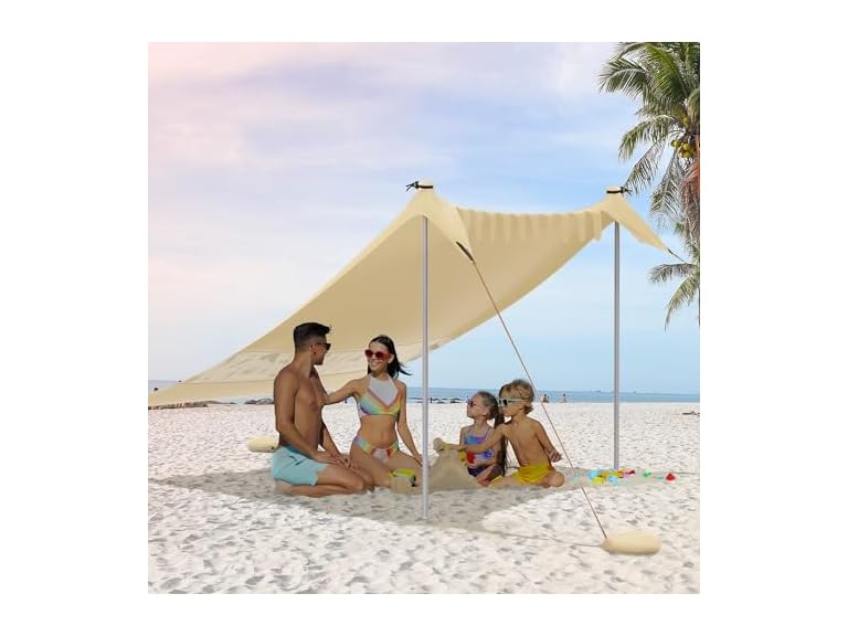VILLEY Beach Tent Sun Shelter with UPF50+ Protection for 5 Person, 8x7FT Portable Sun Shade with 2 Stability Poles and 4 Sandbags, Outdoor Beach Canopy for Camping, Picnics, Fishing, Outdoors(Khaki)