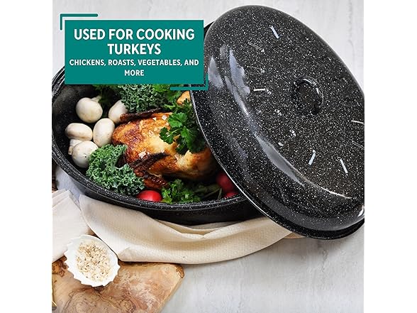 MIRRO 18in Enamel Oval Roaster with Lid, Black