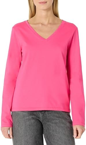 Amazon Essentials Women's 100% Cotton Regular-Fit Long-Sleeve V-Neck T-Shirt, Hot Pink, X-Large