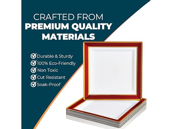 White Square Plastic Dinner Plates with Red Rim - 10.25" (Pack of 10) 