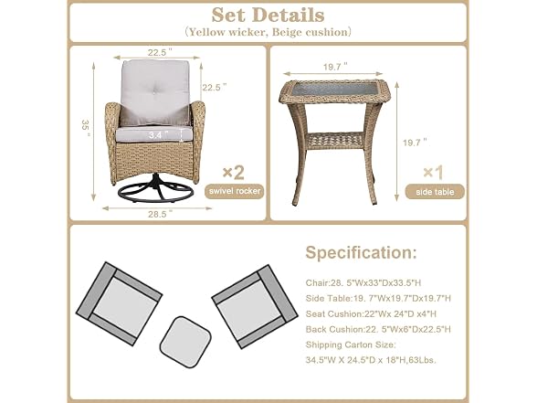 3PC Patio Swivel Rocker Bistro Set