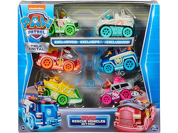 Paw Patrol, True Metal Neon Rescue Vehicle Gift Pack of 6