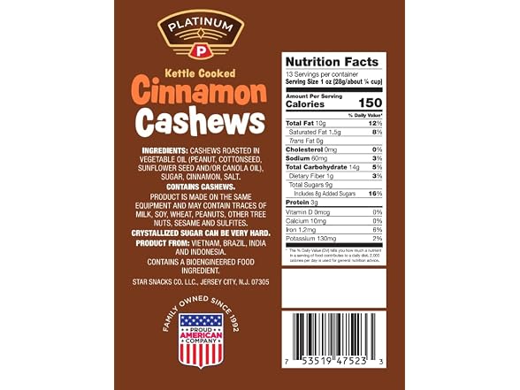 Platinum Cinnamon Cashews 13 oz