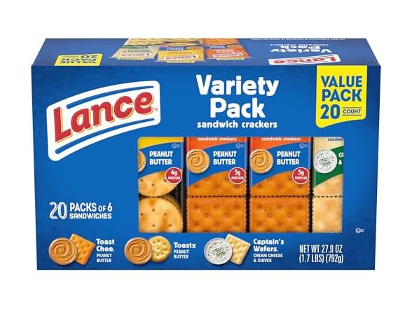 20PK Lance Sandwich Crackers, Variety Pack, 3 Flavors
