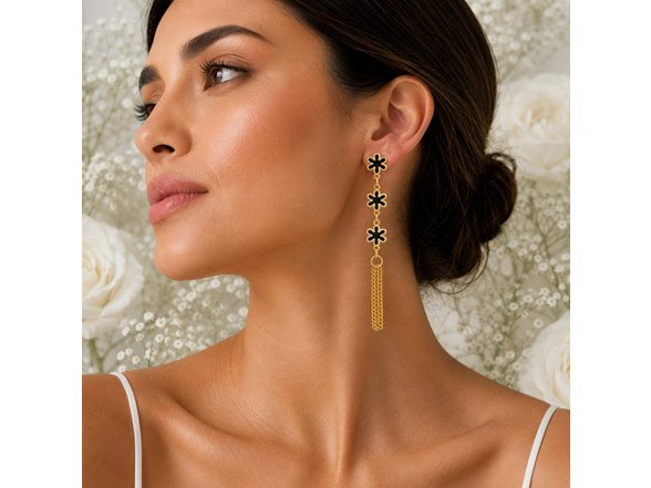 18K Gold Black Flower Tassel Earrings