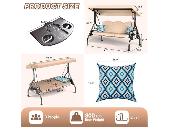 ZZW 3 Seat Outdoor Porch Patio Swing with Stand - Your Choice