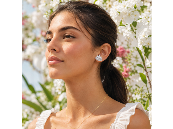 Silver Fan CZ Stud Earrings
