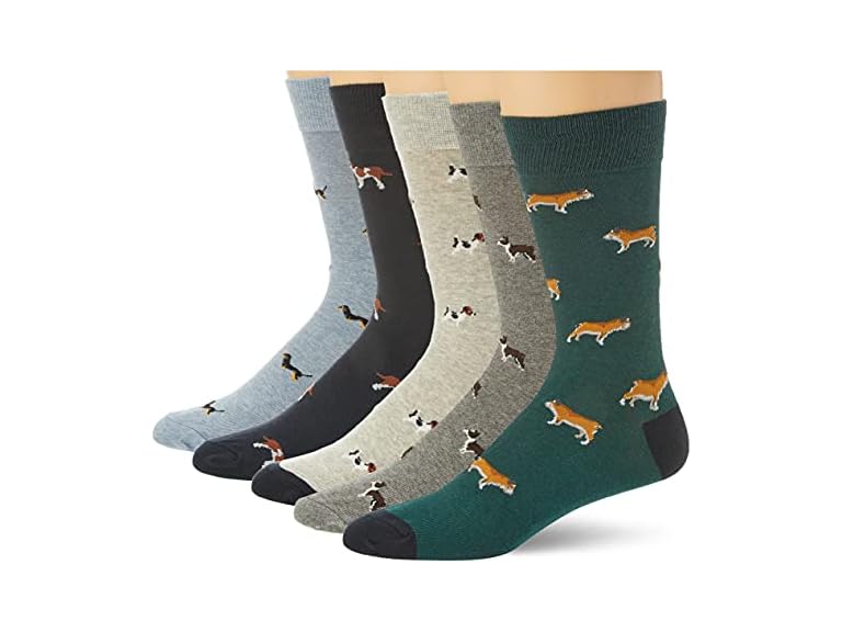 Amazon Essentials Mens Comfortable Patterned Dress Socks, 5 Pairs, Multi Color/Dogs, 8-12