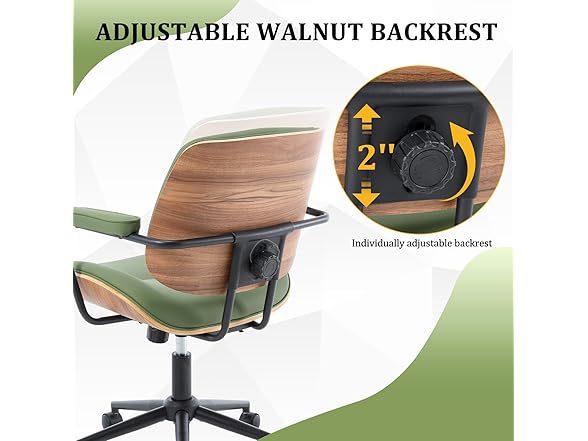 BV Mid Century Modern Office Chair Set of 1, Swivel Rolling Deak Chair with Armrests and Walnut Back, Adjustable Desk Chair for Home Office, Green (Open Box)