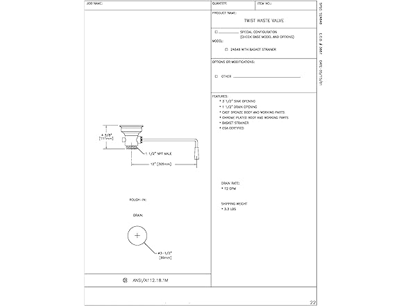 Fisher Twist Waste Valve with Basket