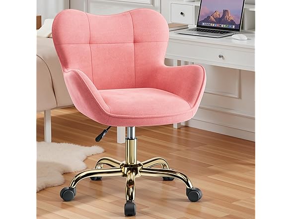 BestEra Vanity Chair with Wheels, Cute Desk Chairs Adjustable Height for Bedroom, Modern Makeup Chair with Back(Pink) (Open Box)