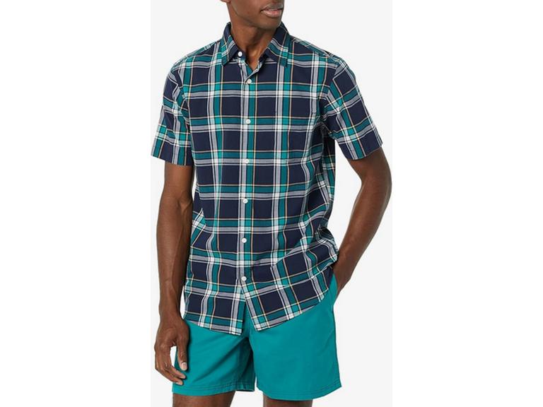 Amazon Essentials Men's Slim-Fit Short-Sleeve Poplin Shirt, Navy Green Plaid, Large