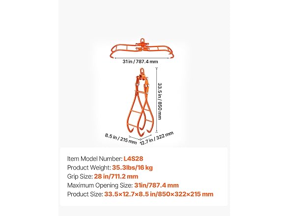 Timber Claw Hook, 28 inch 4 Claw Log Grapple for