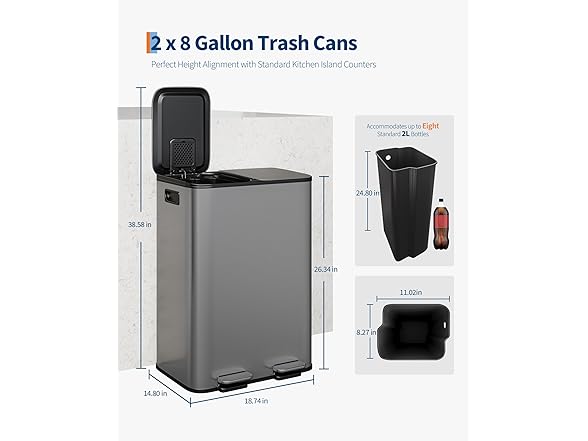 Takywep Dual Trash Can 2 x 8 Gallon Recycling Bin Gray