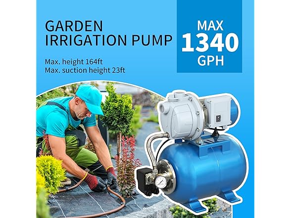 FOTING 1.5HP Shallow Well Pump with Pressure Tank, 1340GPH Automatic Irrigation Water Booster Jet Pump, Water Pumps Booster System 164FT 115V for Home Garden Lawn Farm, Blue (Open Box)