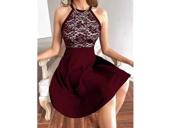 Wdirara Women (XS) Lace Halter Zipper Back Dress