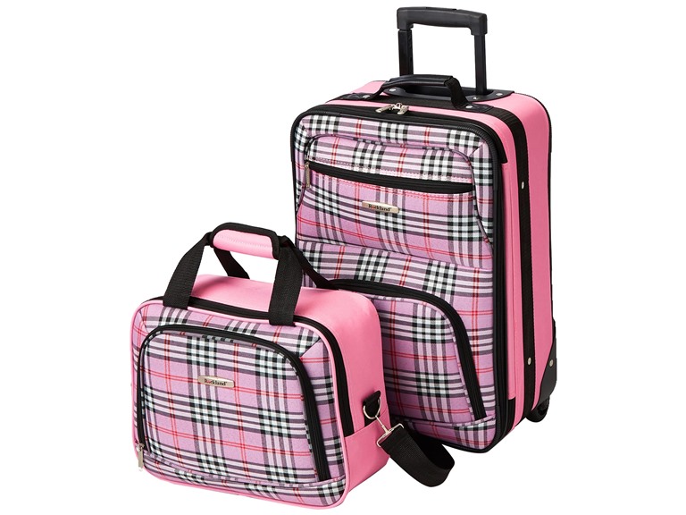 Rockland Fashion Softside Upright Luggage Set,Expandable,Lightweight,Telescopic Handle,Wheel, Pink Cross, 2-Piece Set (14/19)