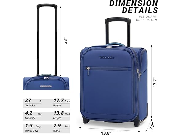 Verage 16 inch Underseat Carry On Luggage with Wheels, Navy 