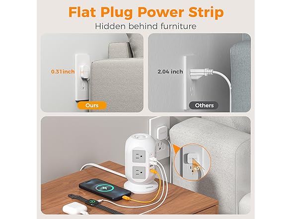 TESSAN 10ft Cord Power Tower (8 Outlets, 1 USB-C, 3 USB-A)