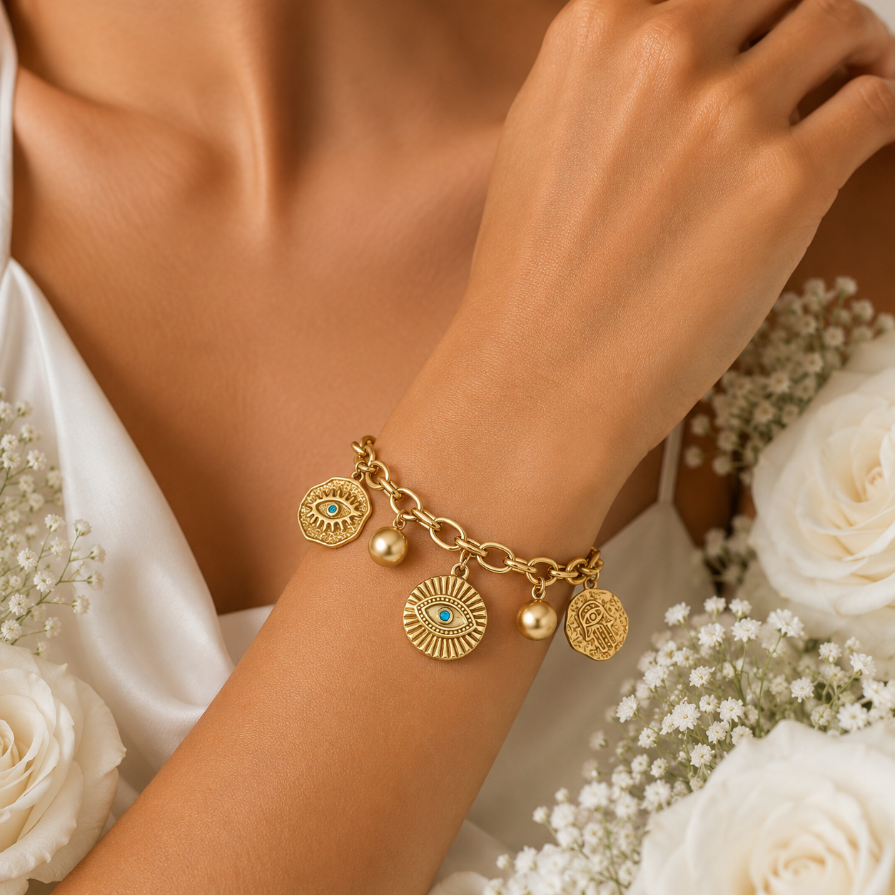 18K Gold Evil Eye Charm Bracelet - Gallery 5