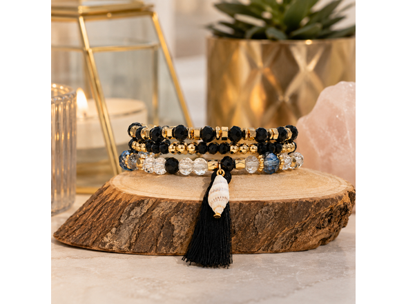 Stretch Beaded Bracelet Stack with Tassel & Shell Charm
