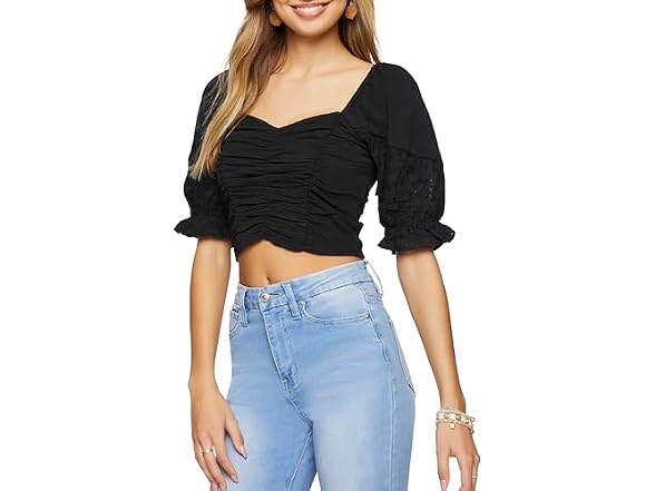 Forever 21 (S) Ruched Eyelet Crop Top Black