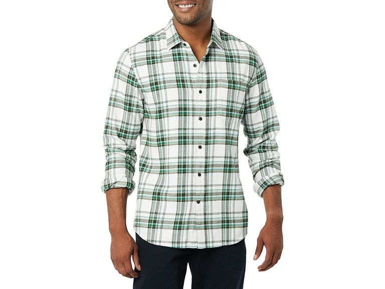 Amazon Essentials Men's Flannel Shirts Long Sleeve, Slim-Fit Button Down Plaid, Green White Plaid, Small