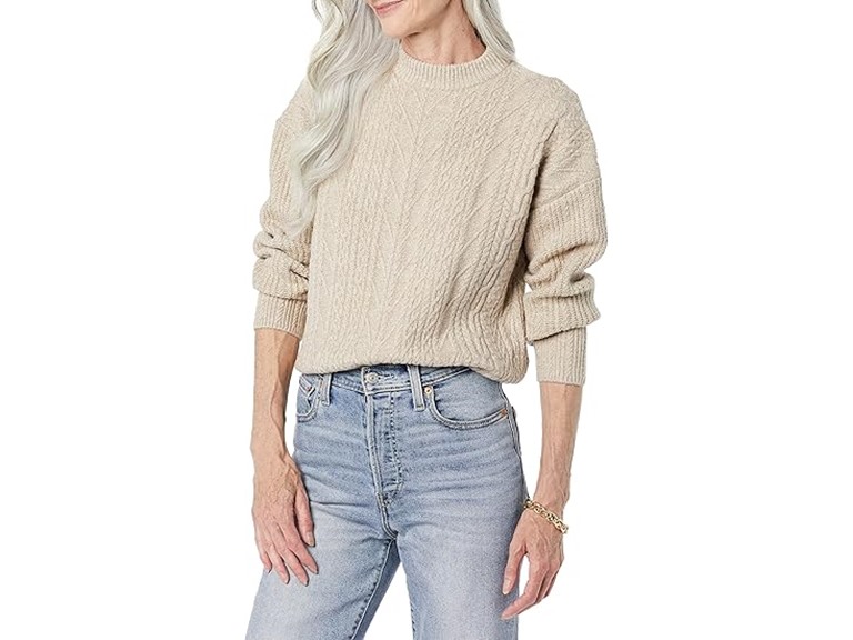 Amazon Essentials Women's Cable Knit Sweater, Soft-Touch Modern Crewneck, Tan Heather, Large, Plus Size Available