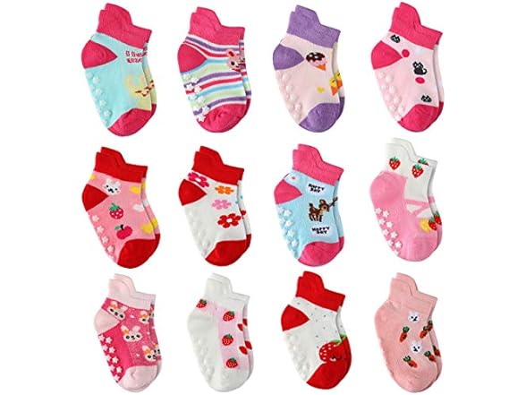 12 Pairs Toddler Girl Grip Socks 3-5 Years