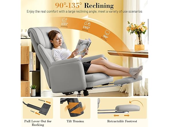 Big and Tall Office Chair, 400LBS Wide Leather Gaming Chair, High Back Executive Chair, Reversible Armrest for Pets 135° Reclining Cross Legged Desk Chair with Lumbar Support Footrest(Silver Gray) (Open Box)