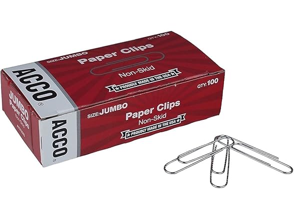 ACCO Non-Skid Paper Clips, No.4 Jumbo Size, 100 ct