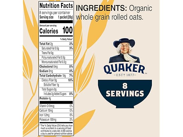 Quaker Instant Oatmeal, Organic Regular, 8 oz