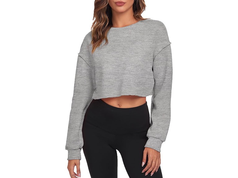 FKEEP Cropped Sweatshirts for Women Long Sleeves Crewneck Pullover Crop Tops Oversized Fit Grey