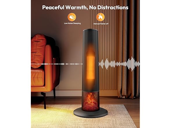 Rellytech Tower space heater with fireplace - Electric Space Heater Large Room with 3D Flame, Portable Tower Space Heaters for Office, Bedroom, 2 Modes, Thermostat, Tip-over Protection, Oscillation (Open Box)
