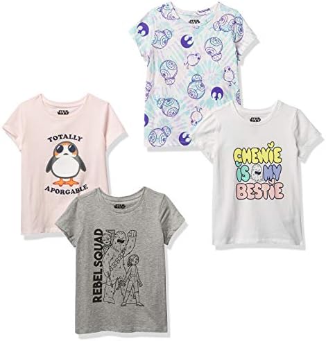Amazon Essentials Disney | Marvel | Star Wars | Frozen | Princess Girls' Short-Sleeve T-Shirts, Pack of 4, Pink/Grey/Star Wars Rebel, X-Large