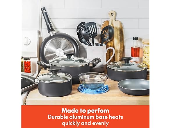 BELLA Nonstick Cookware Set w Glass Lids - Aluminum