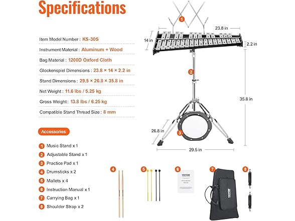 VEVOR Percussion Kit w/ 30 Note Glockenspiel