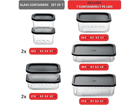 EATEX 7 Pack Glass Meal Prep Containers with Grooved Base