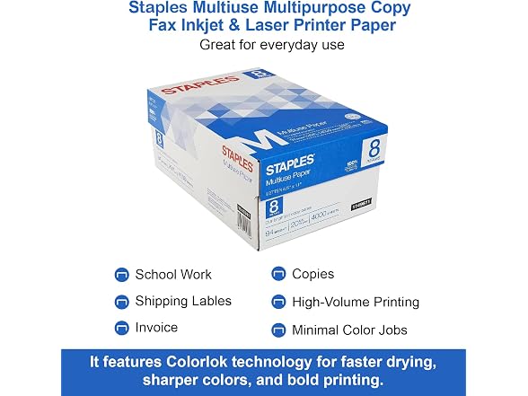Staples Multipurpose Copy Printer Paper, 20 White