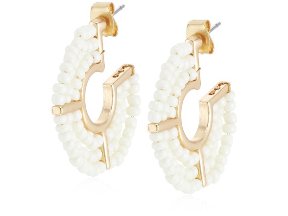 Cream Beaded Hoop Earring, Gold, One Size