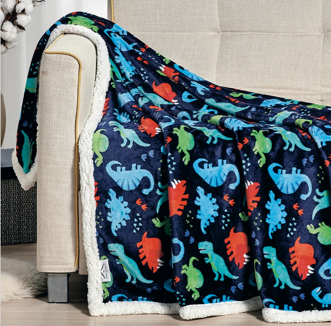 Navy Dino Faux Shearling Sherpa Throw Blanket - Gallery 3