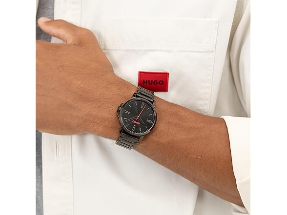 HUGO Mens Smooth Watch Ionic Plated Black Steel Bracelet 41mm