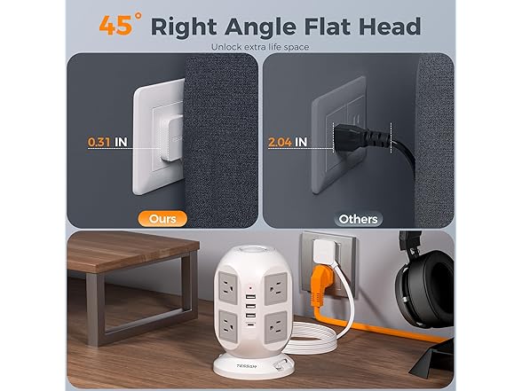 TESSAN 10ft Cord Power Tower (8 Outlets, 2 USB-C, 3 USB-A)