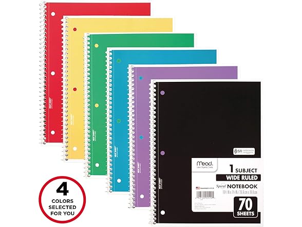 Mead Spiral Notebooks, 4 Pack, 1-Subject