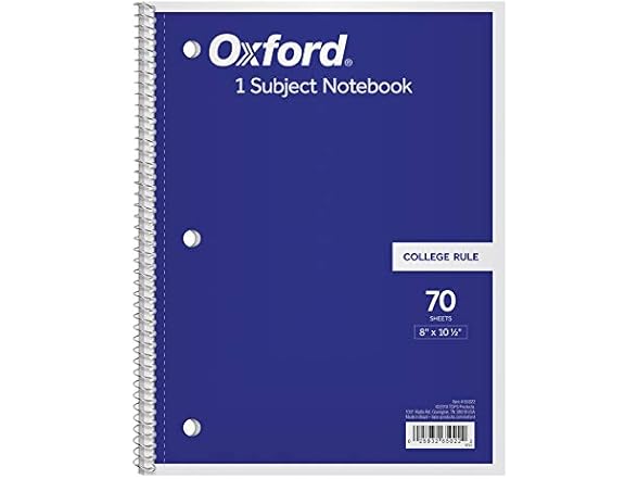 Oxford 1-Subject Notebook, 8x10-1/2