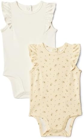 Amazon Essentials x Sofia Grainge Baby Girls' Embroidered Ruffle Bodysuit, Pack of 2, Ditsy Flowers/Ivory, Preemie